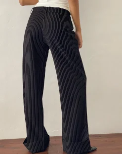 Motel Rocks Tailoring | Wide Leg Pants-Abba Low Rise Trouser in Black Pinstripe Tailoring blackpinstripe