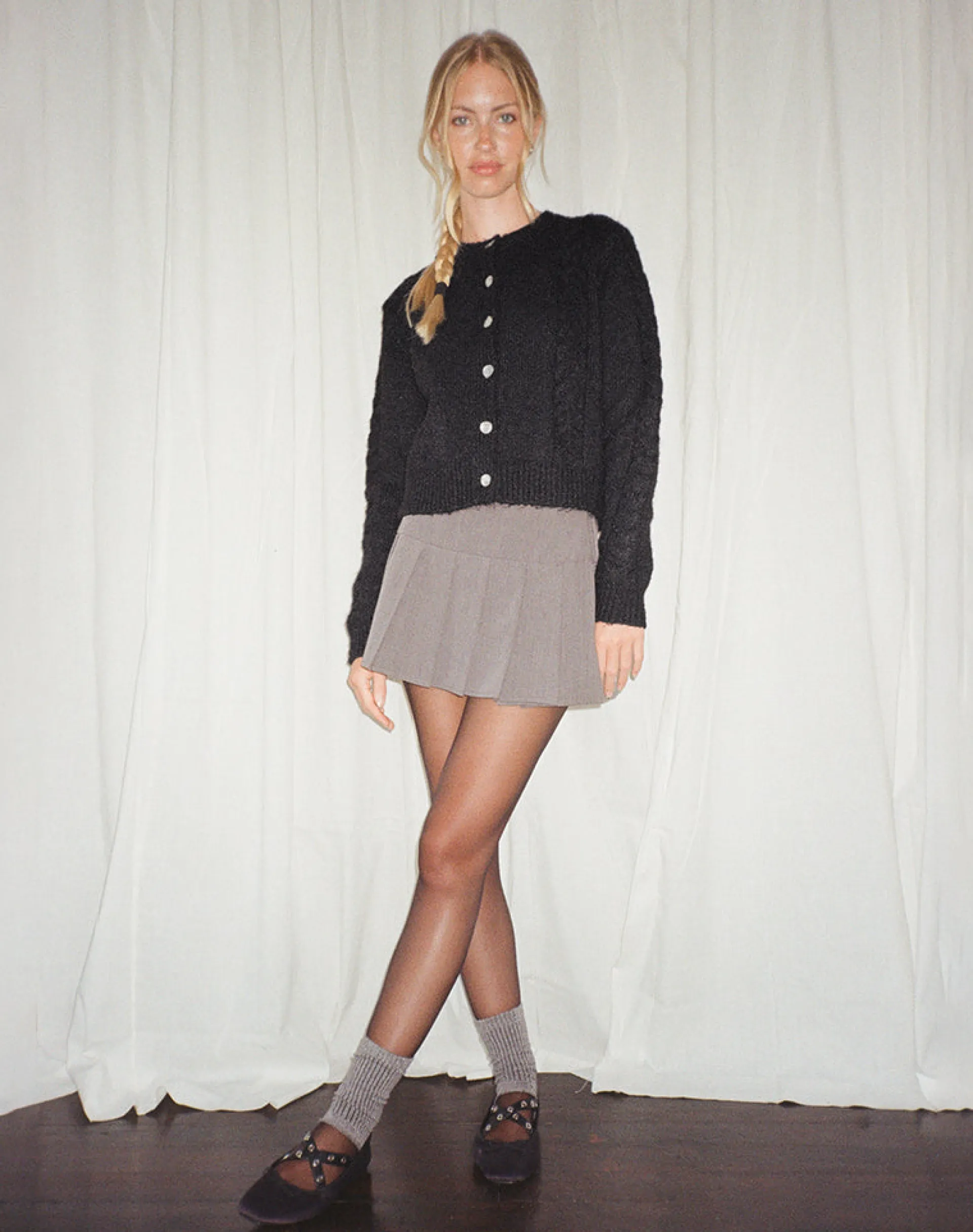 Motel Rocks Cardigans-Abelia Cable Knit Cardigan in Black