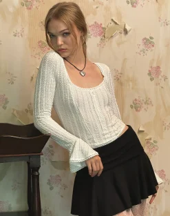 Motel Rocks Long Sleeve Tops-Abella Textured Flute Sleeve Top in Ivory