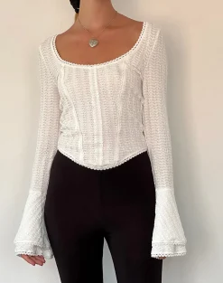 Motel Rocks Long Sleeve Tops-Abella Textured Flute Sleeve Top in Ivory