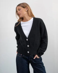 Motel Rocks Cardigans-Acera Knitted Cardigan in Black with Silver Flower Buttons