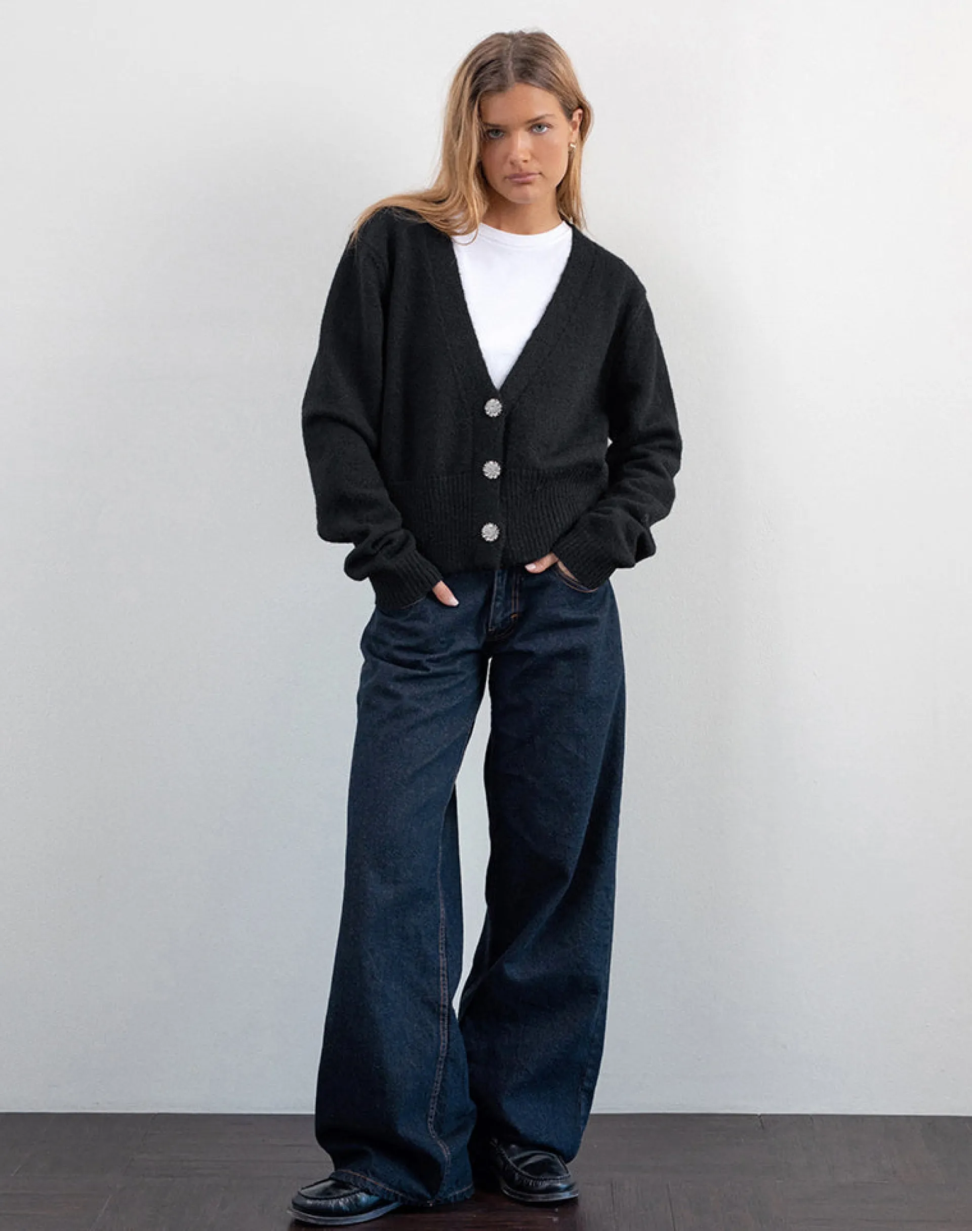 Motel Rocks Cardigans-Acera Knitted Cardigan in Black with Silver Flower Buttons