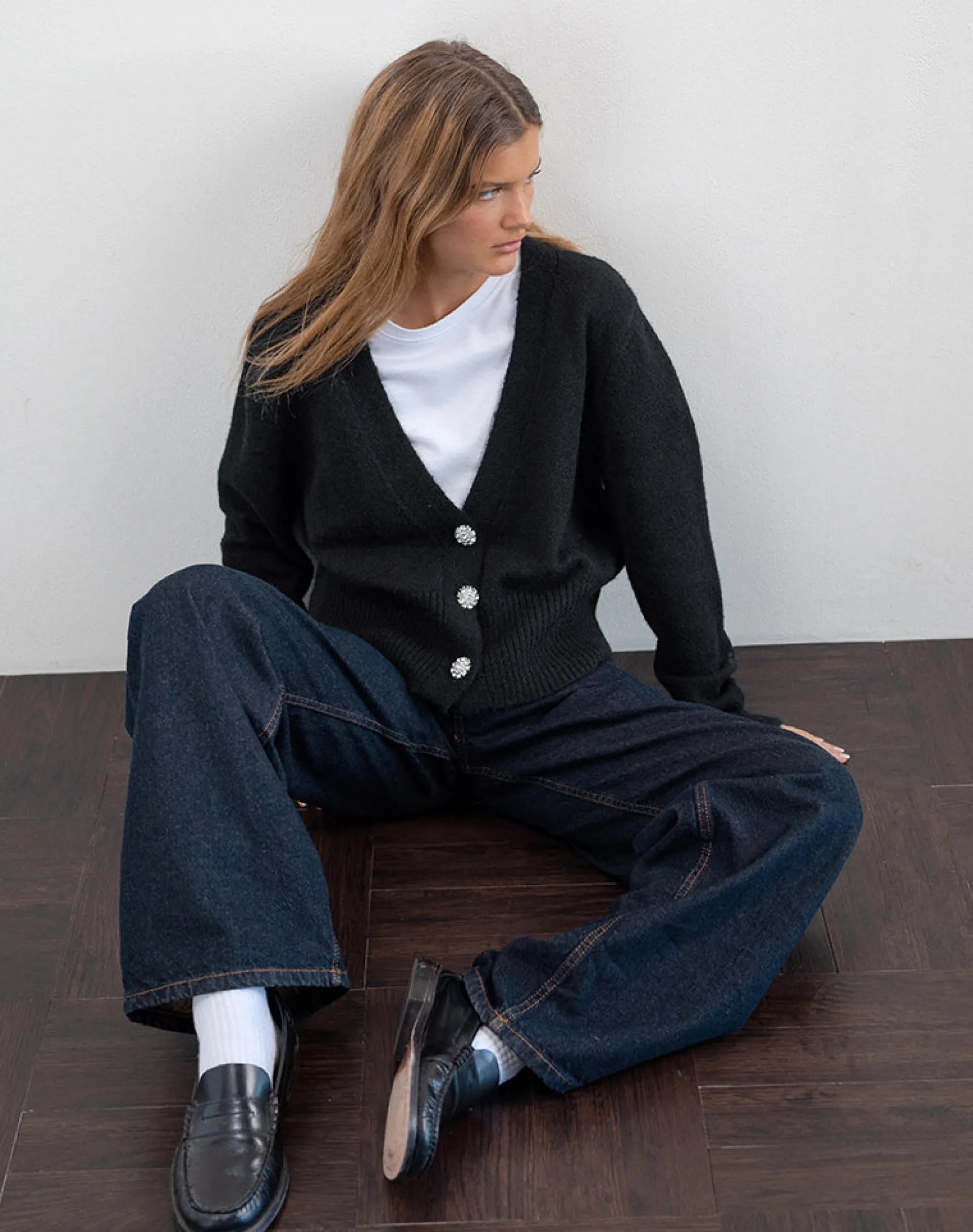Motel Rocks Cardigans-Acera Knitted Cardigan in Black with Silver Flower Buttons