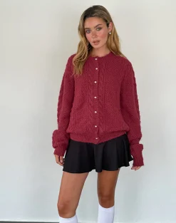 Motel Rocks Cardigans-Aceso Cardigan in Brush Knit Burgundy