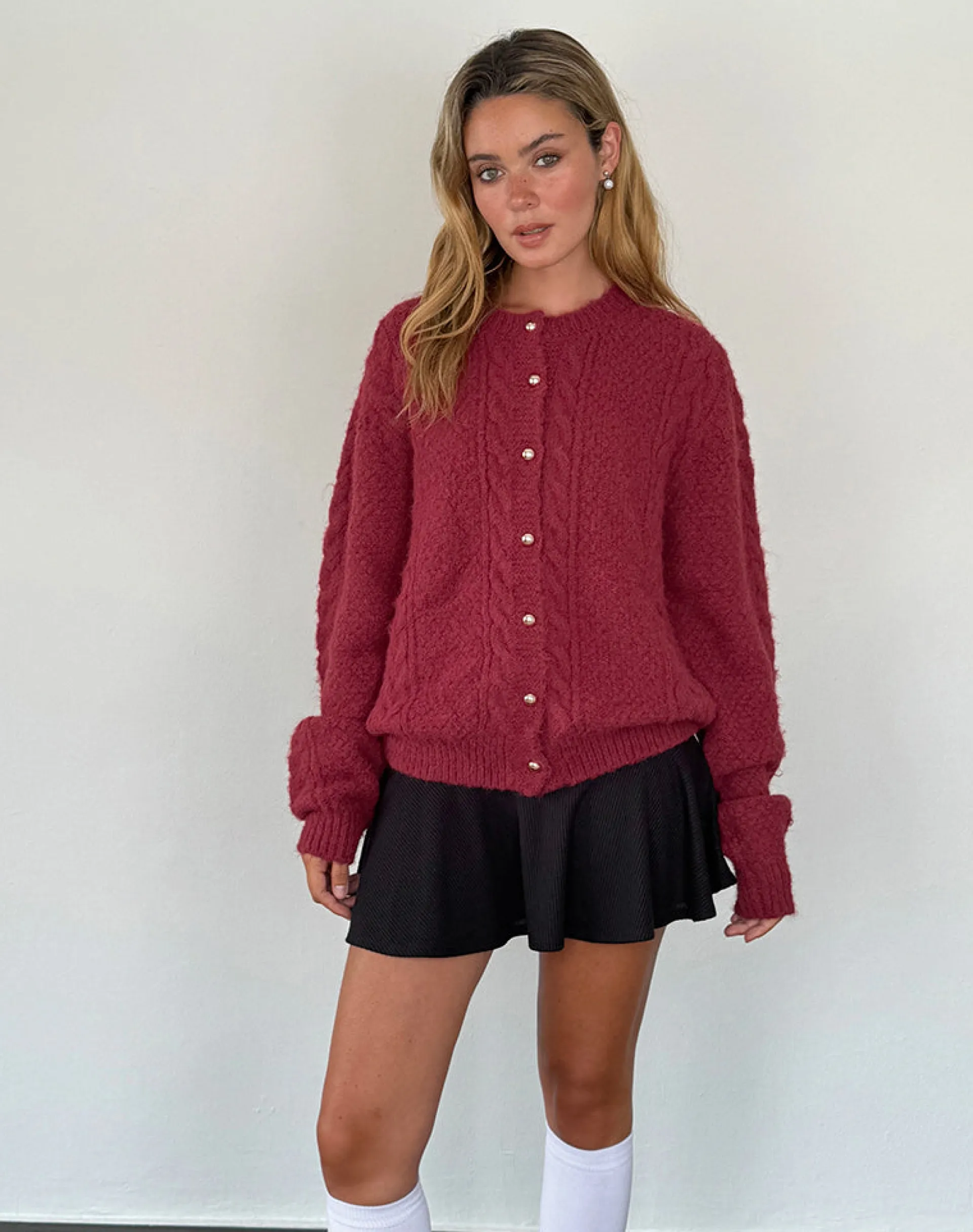 Motel Rocks Cardigans-Aceso Cardigan in Brush Knit Burgundy