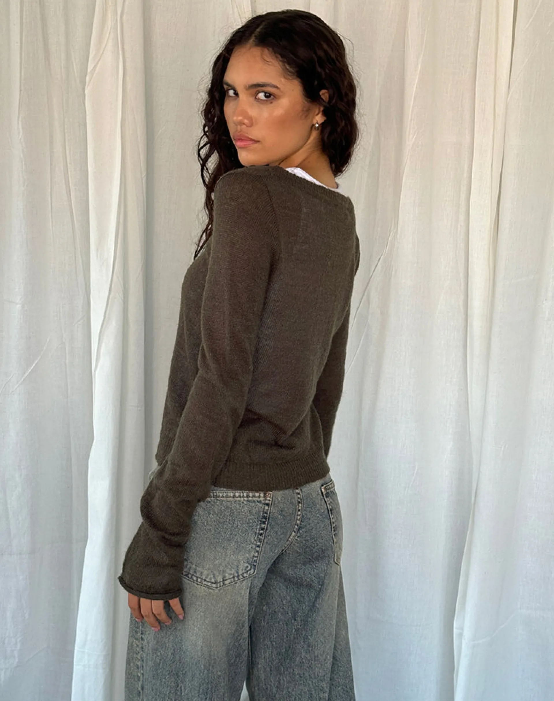 Motel Rocks Long Sleeve Tops-Addison Long Sleeve Sheer Knit Top in Dark Chocolate