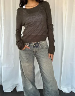 Motel Rocks Long Sleeve Tops-Addison Long Sleeve Sheer Knit Top in Dark Chocolate