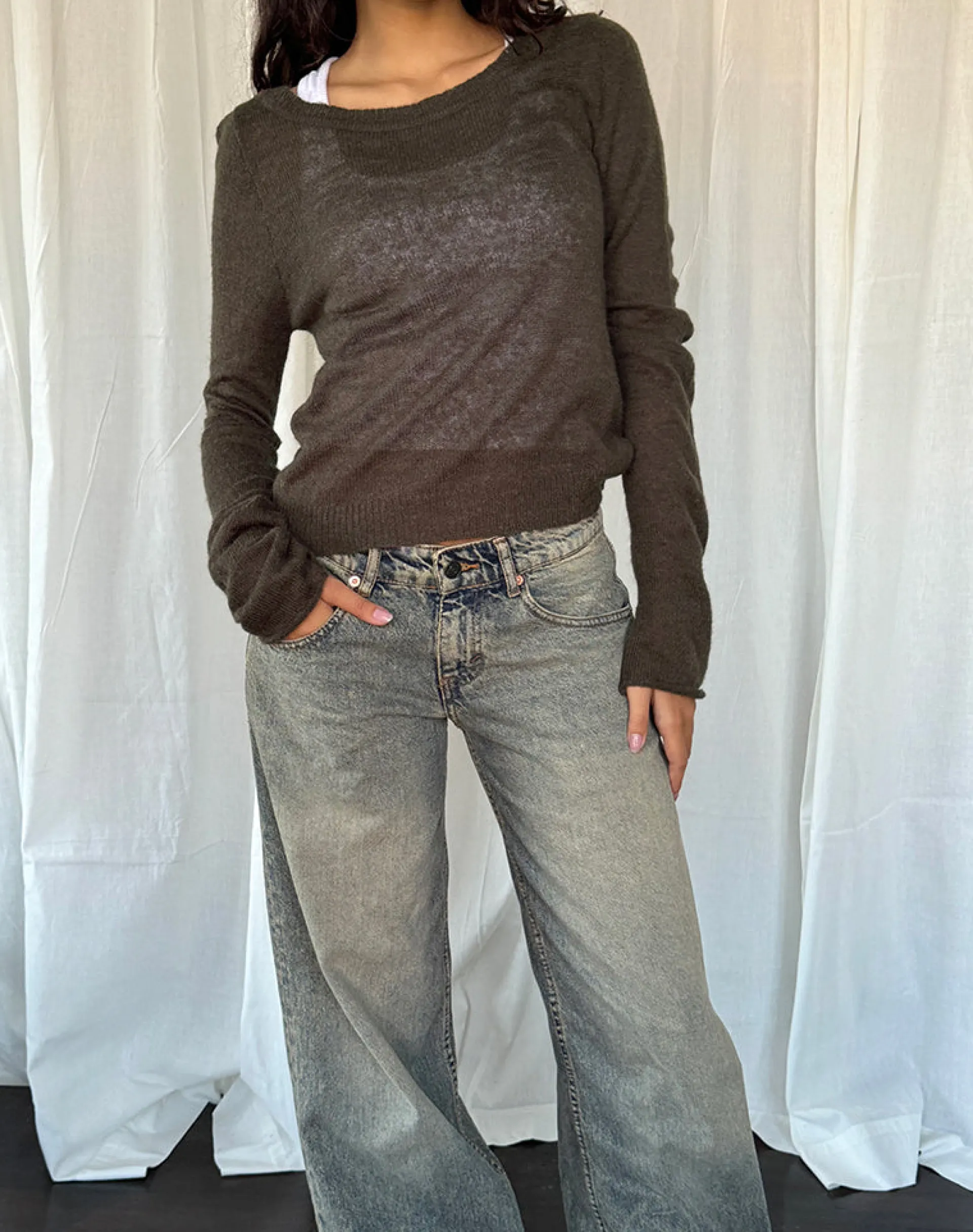 Motel Rocks Long Sleeve Tops-Addison Long Sleeve Sheer Knit Top in Dark Chocolate