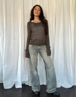 Motel Rocks Long Sleeve Tops-Addison Long Sleeve Sheer Knit Top in Dark Chocolate