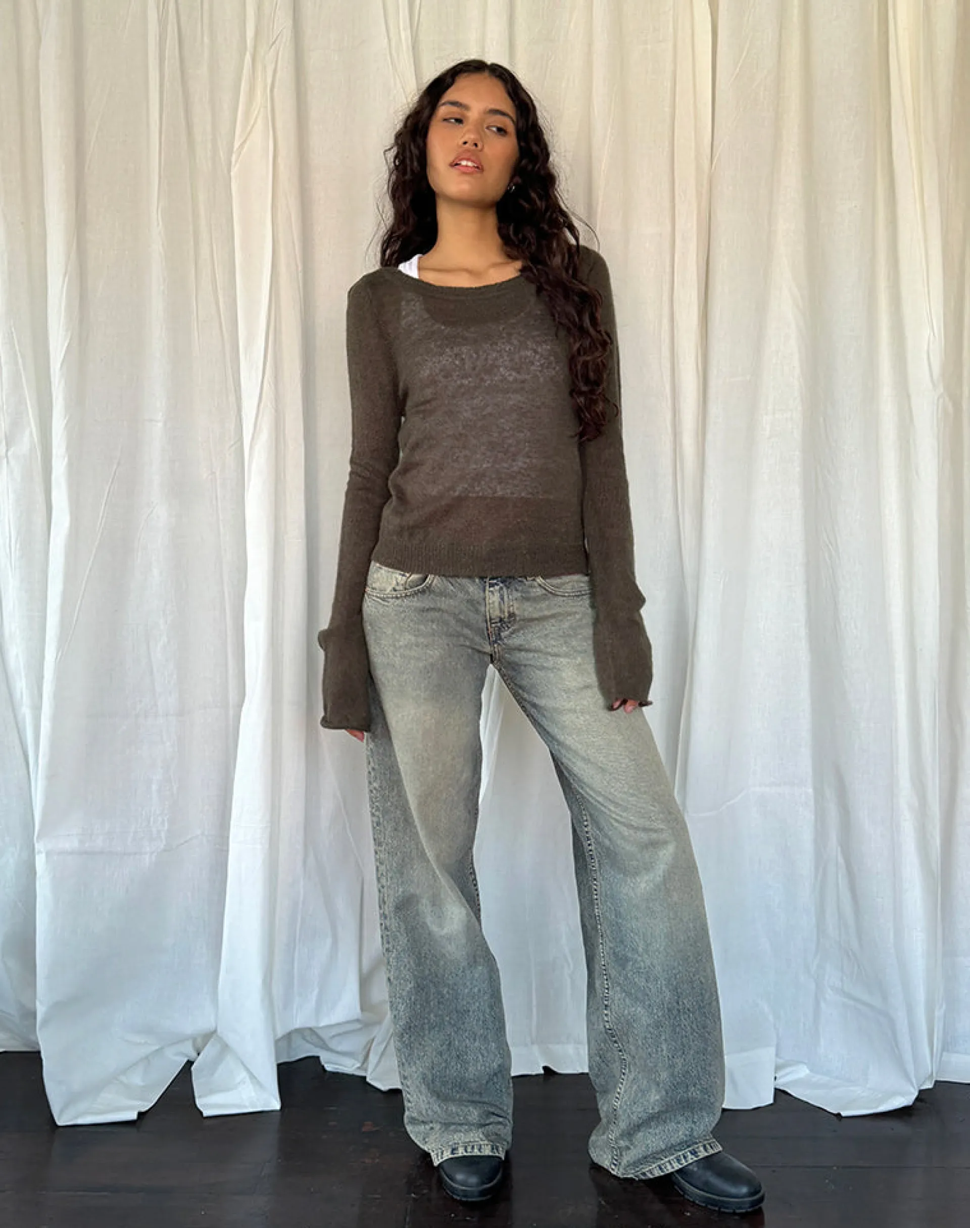 Motel Rocks Long Sleeve Tops-Addison Long Sleeve Sheer Knit Top in Dark Chocolate