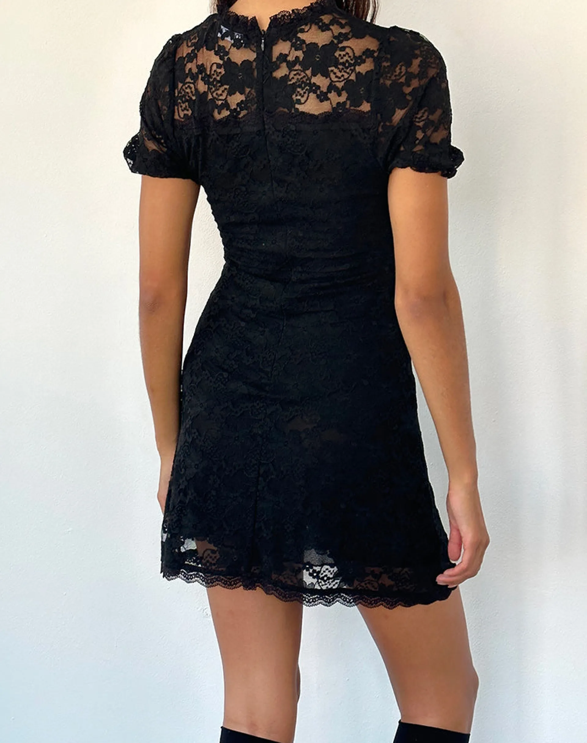 Motel Rocks Printed Dresses | Day Dresses-Adele Mini Tea Dress in Black Jasmine Lace