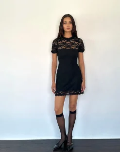 Motel Rocks Printed Dresses | Day Dresses-Adele Mini Tea Dress in Black Jasmine Lace