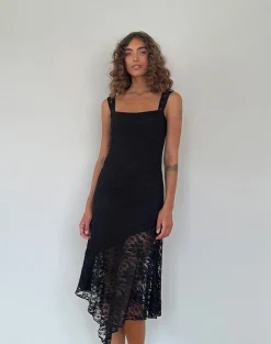 Motel Rocks Party Dresses | Midi Dresses-Adeliza Asymmetric Midi Dress in Floral Lace Jet Black