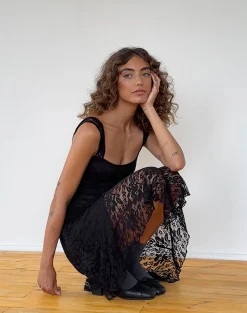 Motel Rocks Party Dresses | Midi Dresses-Adeliza Asymmetric Midi Dress in Floral Lace Jet Black