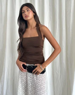 Motel Rocks Co-Ords | Basic Tops-Adora Halterneck Top in Slinky Chocolate