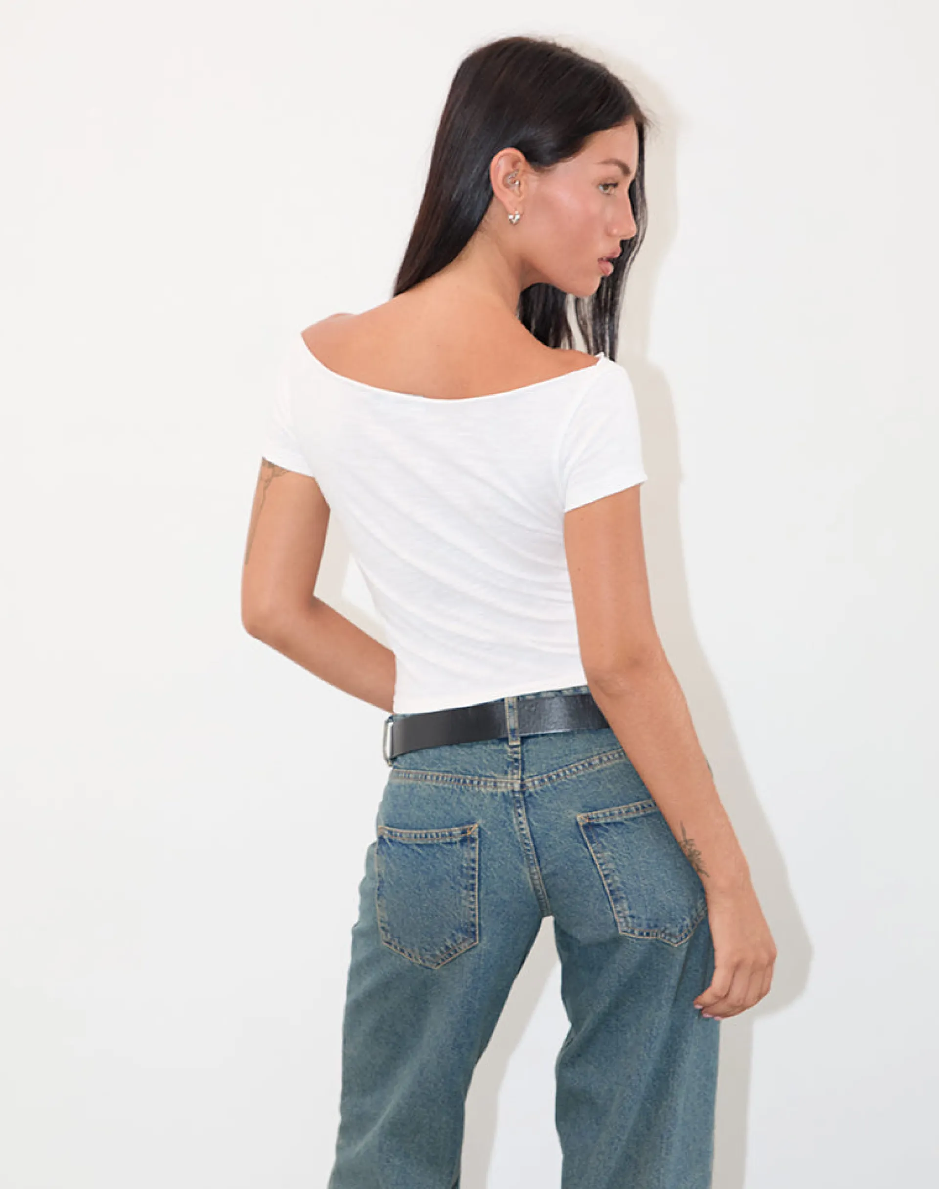 Motel Rocks Basics | Loungewear-Adrian Off Shoulder Tee in Slub Ivory