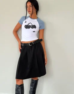 Motel Rocks Tees-Agneta Baby Tee in White with Faded Denim Cherry Print WhitewithFadedDenimCherryPrint