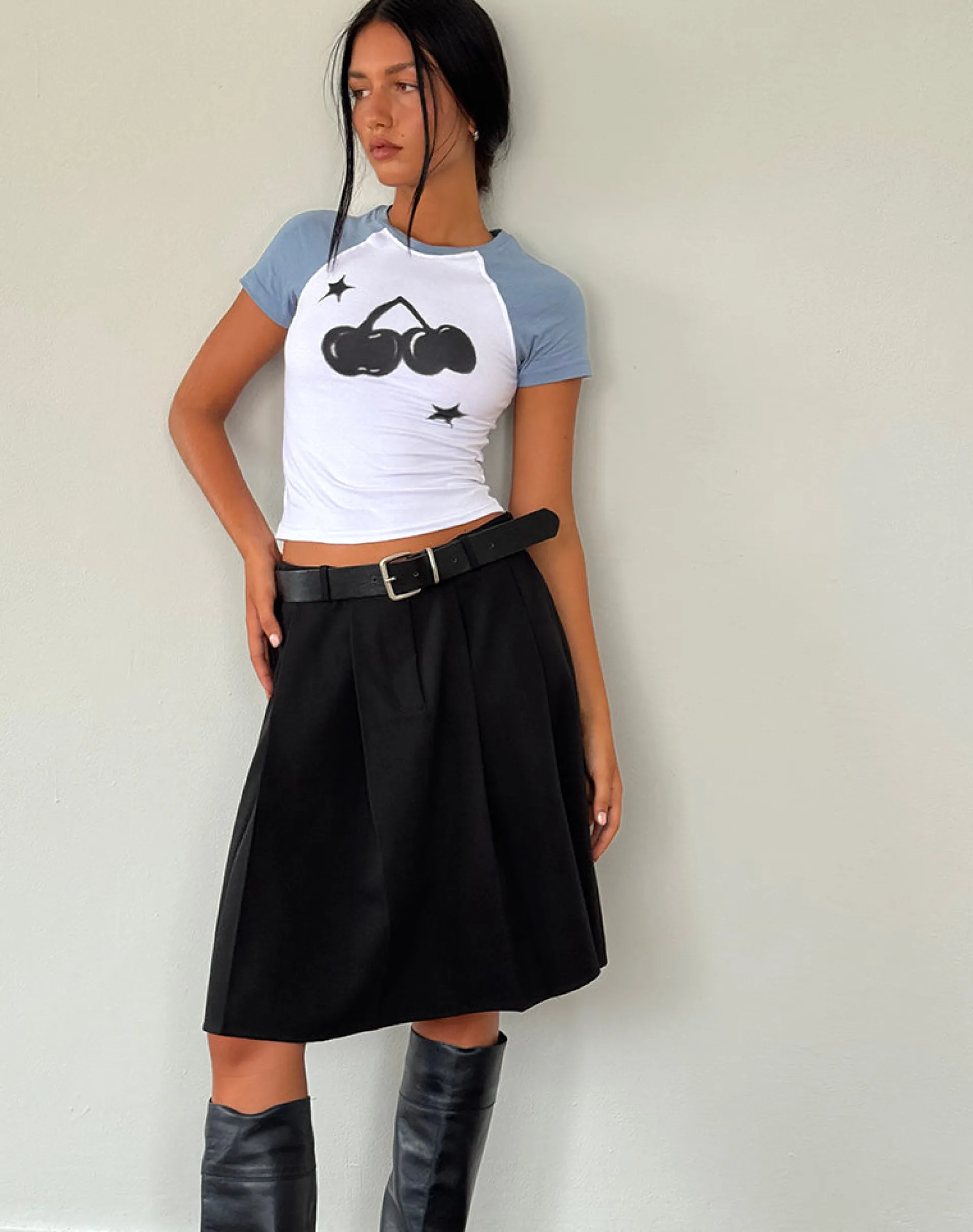 Motel Rocks Tees-Agneta Baby Tee in White with Faded Denim Cherry Print WhitewithFadedDenimCherryPrint