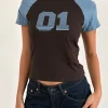 Motel Rocks Basic Tops | Printed Tops-Agneta Tee in Chocolate Brown and Ash Blue Combination ChocolateBrownandAshBlueCombination