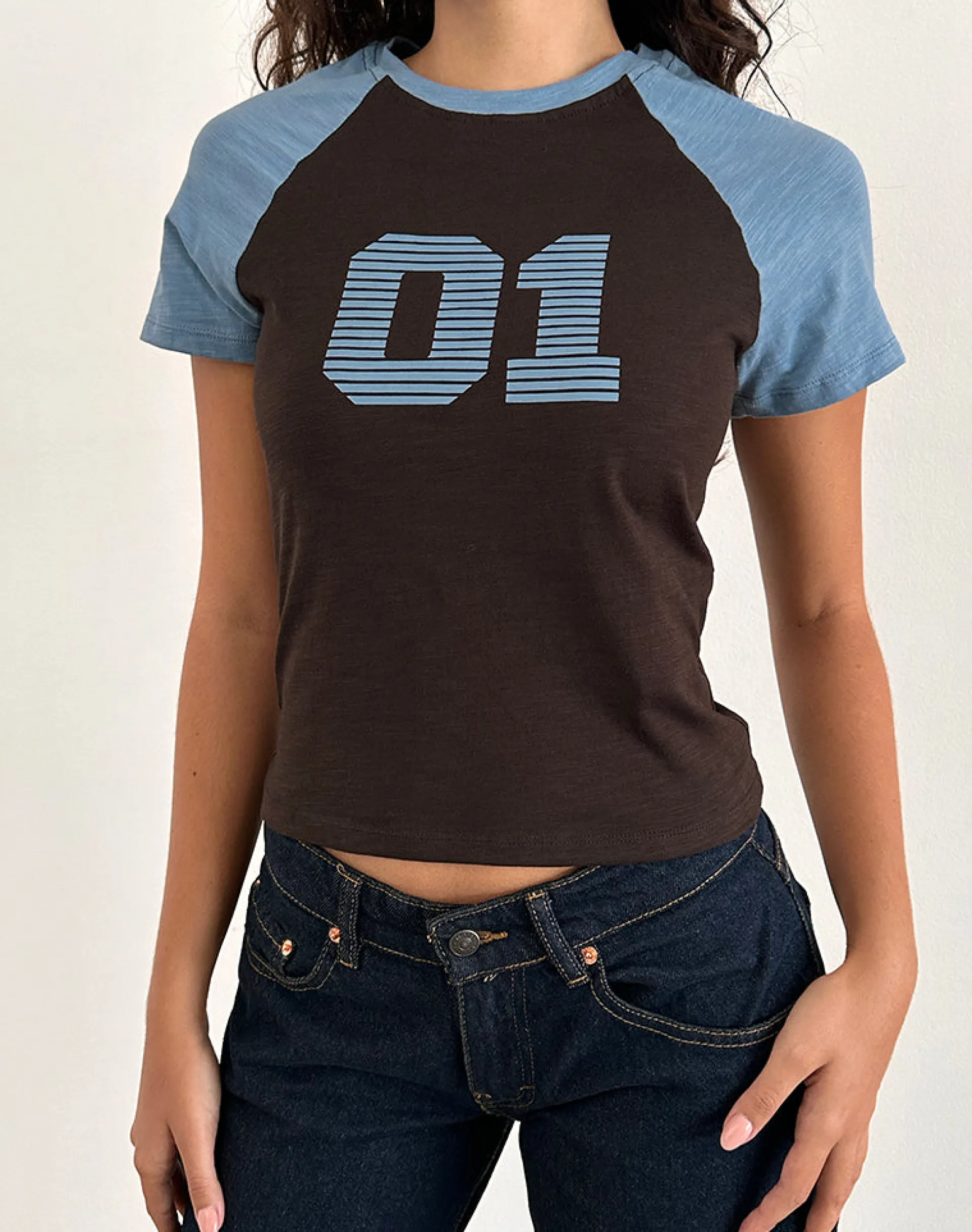 Motel Rocks Basic Tops | Printed Tops-Agneta Tee in Chocolate Brown and Ash Blue Combination ChocolateBrownandAshBlueCombination