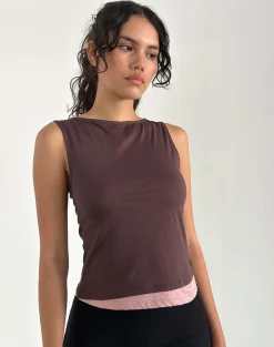Motel Rocks Vest Tops-Aida Top in Tissue Deep Mahogany with Pink Lady