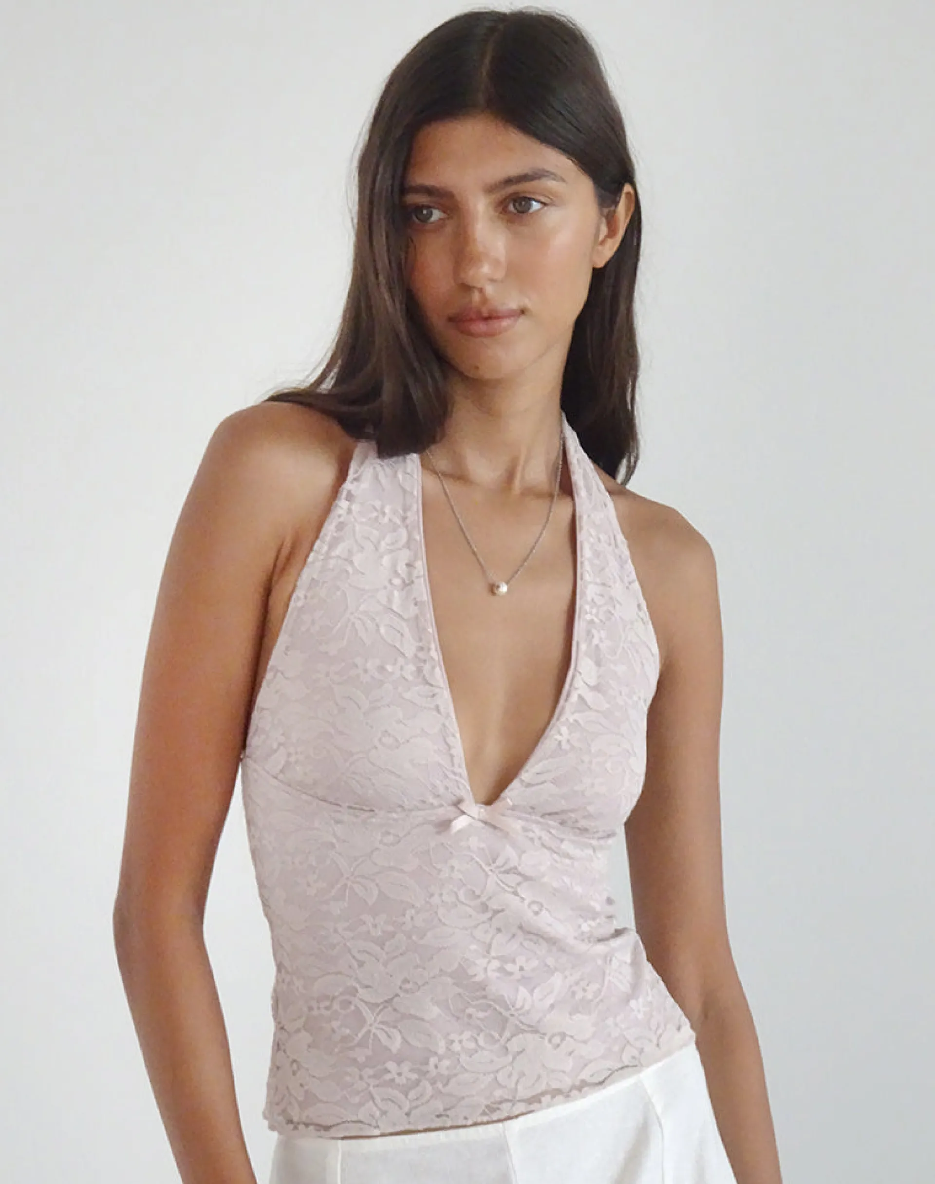 Motel Rocks Halterneck Tops | Lace Tops-Aksa Halterneck Top in Lace Lotus Pink LaceLotusPink