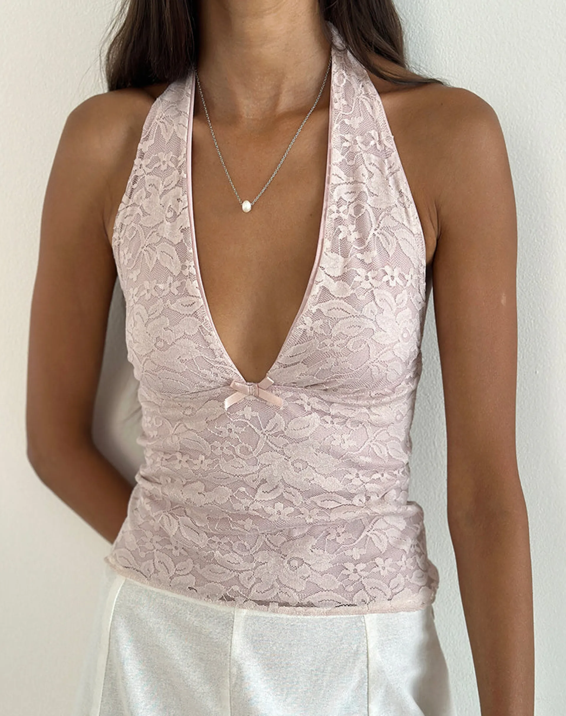 Motel Rocks Halterneck Tops | Lace Tops-Aksa Halterneck Top in Lace Lotus Pink LaceLotusPink