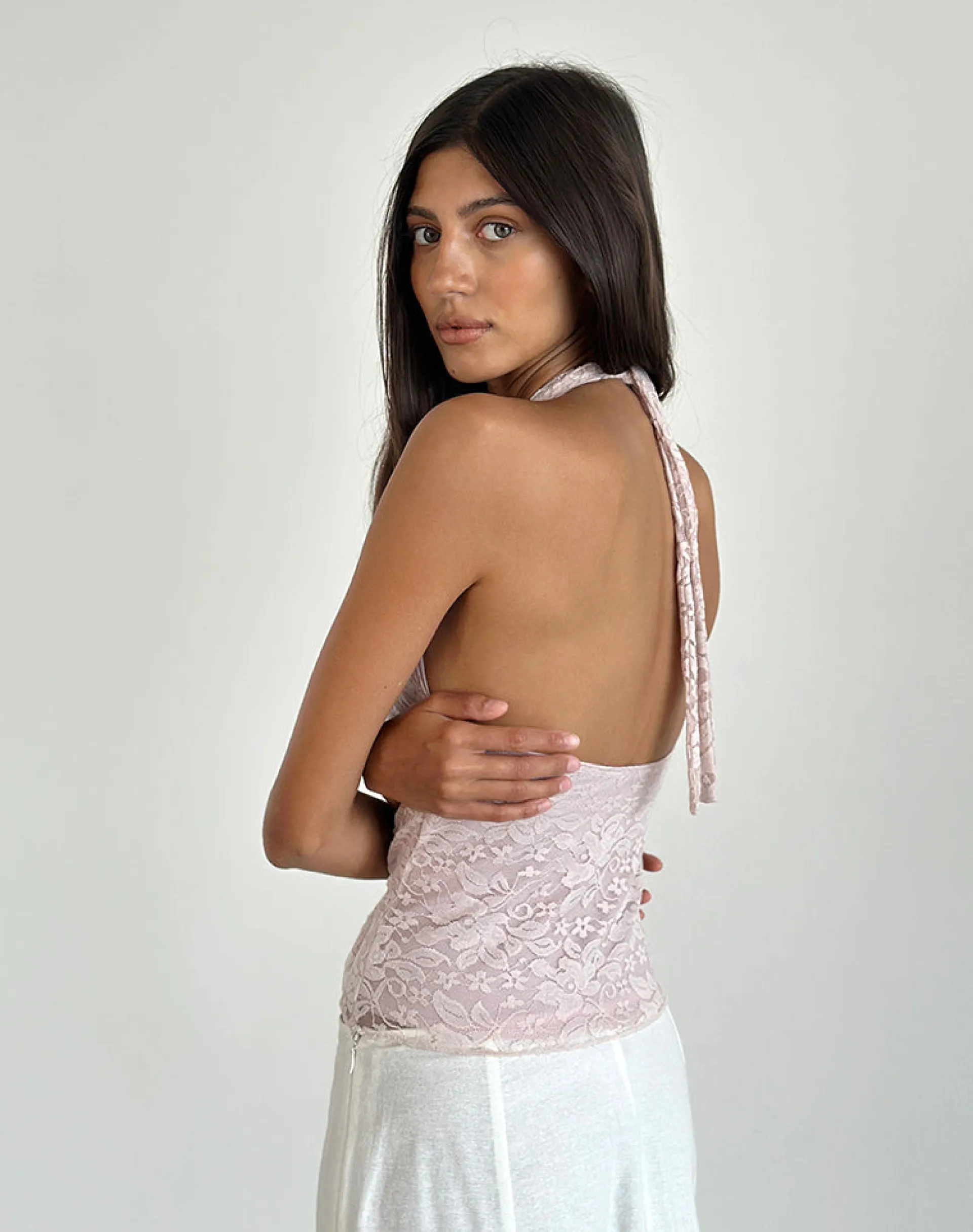 Motel Rocks Halterneck Tops | Lace Tops-Aksa Halterneck Top in Lace Lotus Pink LaceLotusPink