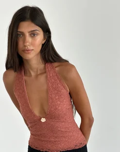 Motel Rocks Halterneck Tops | Lace Tops-Aksa Halterneck Top in Lace Withered Rose LaceWitheredRose