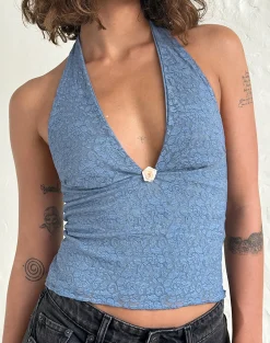Motel Rocks Halterneck Tops | Lace Tops-Aksa Halterneck Top in Moonlight Blue Lace with Rose MoonlightBlueLacewithRose