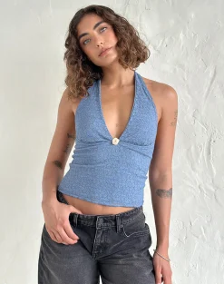 Motel Rocks Halterneck Tops | Lace Tops-Aksa Halterneck Top in Moonlight Blue Lace with Rose MoonlightBlueLacewithRose