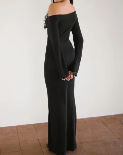 Motel Rocks Day Dresses | Bodycon Dresses-Aldiana Long Sleeve Asymmetric Maxi Dress in Sheer Knit Black
