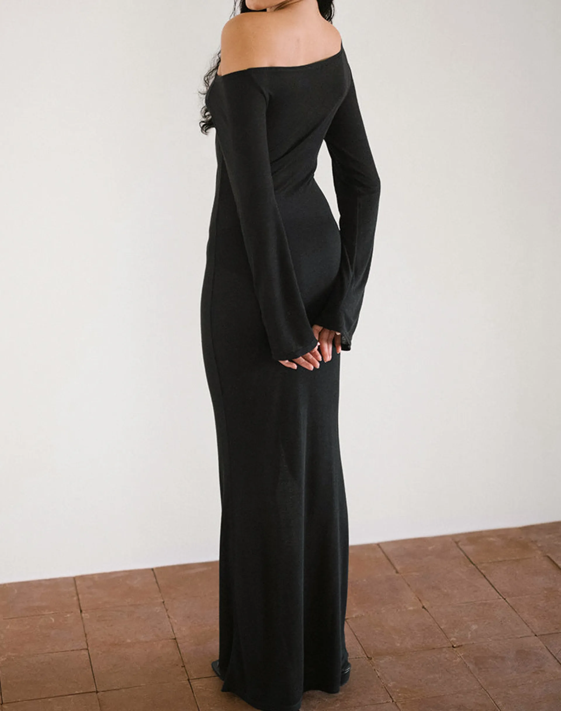 Motel Rocks Day Dresses | Bodycon Dresses-Aldiana Long Sleeve Asymmetric Maxi Dress in Sheer Knit Black