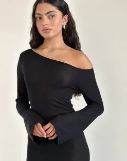 Motel Rocks Day Dresses | Bodycon Dresses-Aldiana Long Sleeve Asymmetric Maxi Dress in Sheer Knit Black
