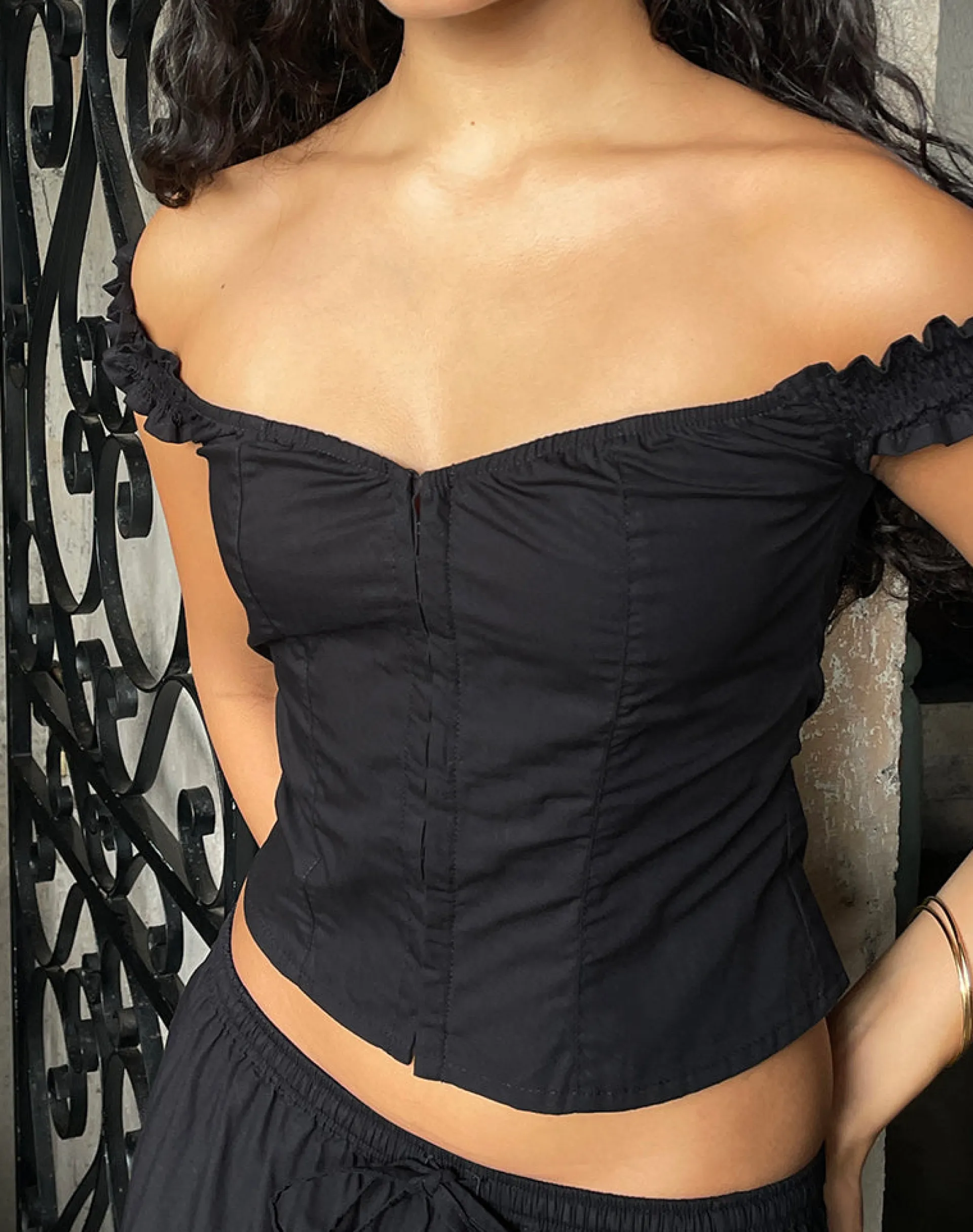 Motel Rocks Co-Ords | Corset Tops-Aldre Bardot Top in Black
