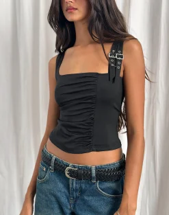 Motel Rocks Basic Tops | Strappy Tops-Alexia Square Neck Buckle Top in Black