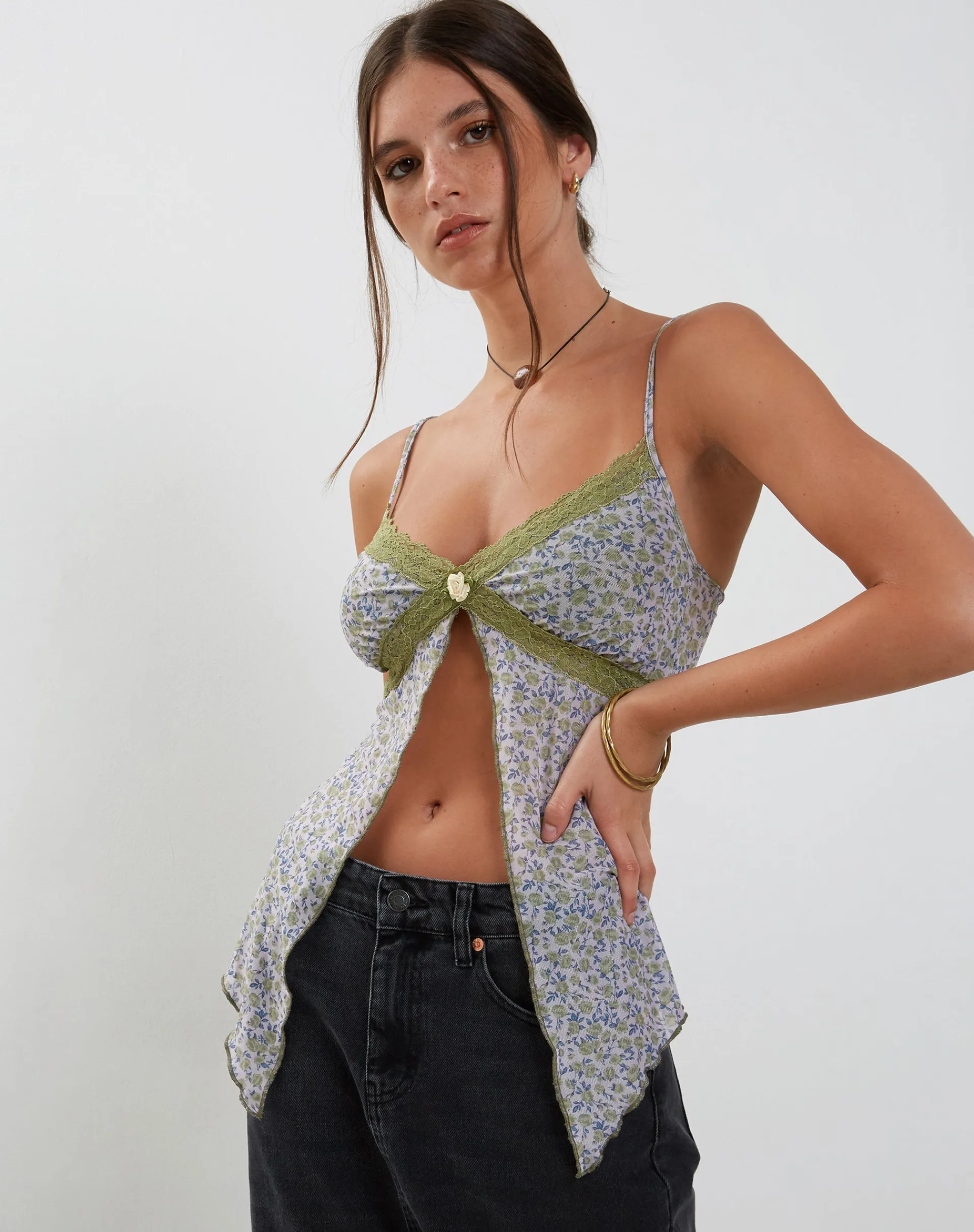Motel Rocks Vest Tops | Printed Tops-Aliqa Mesh Butterfly Top in Spring Rose Green SpringRoseGreen