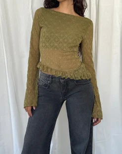 Motel Rocks Long Sleeve Tops-Allegra Long Sleeve Top in Textured Moss Green Lace