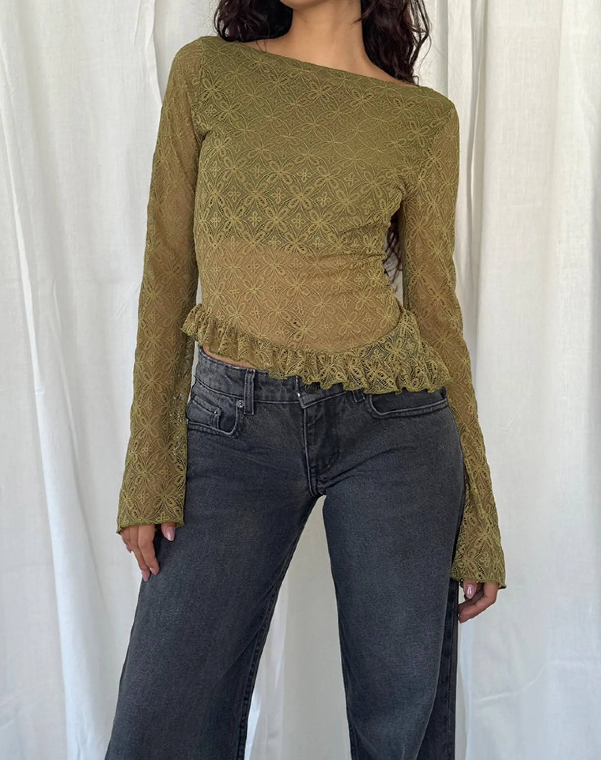 Motel Rocks Long Sleeve Tops-Allegra Long Sleeve Top in Textured Moss Green Lace
