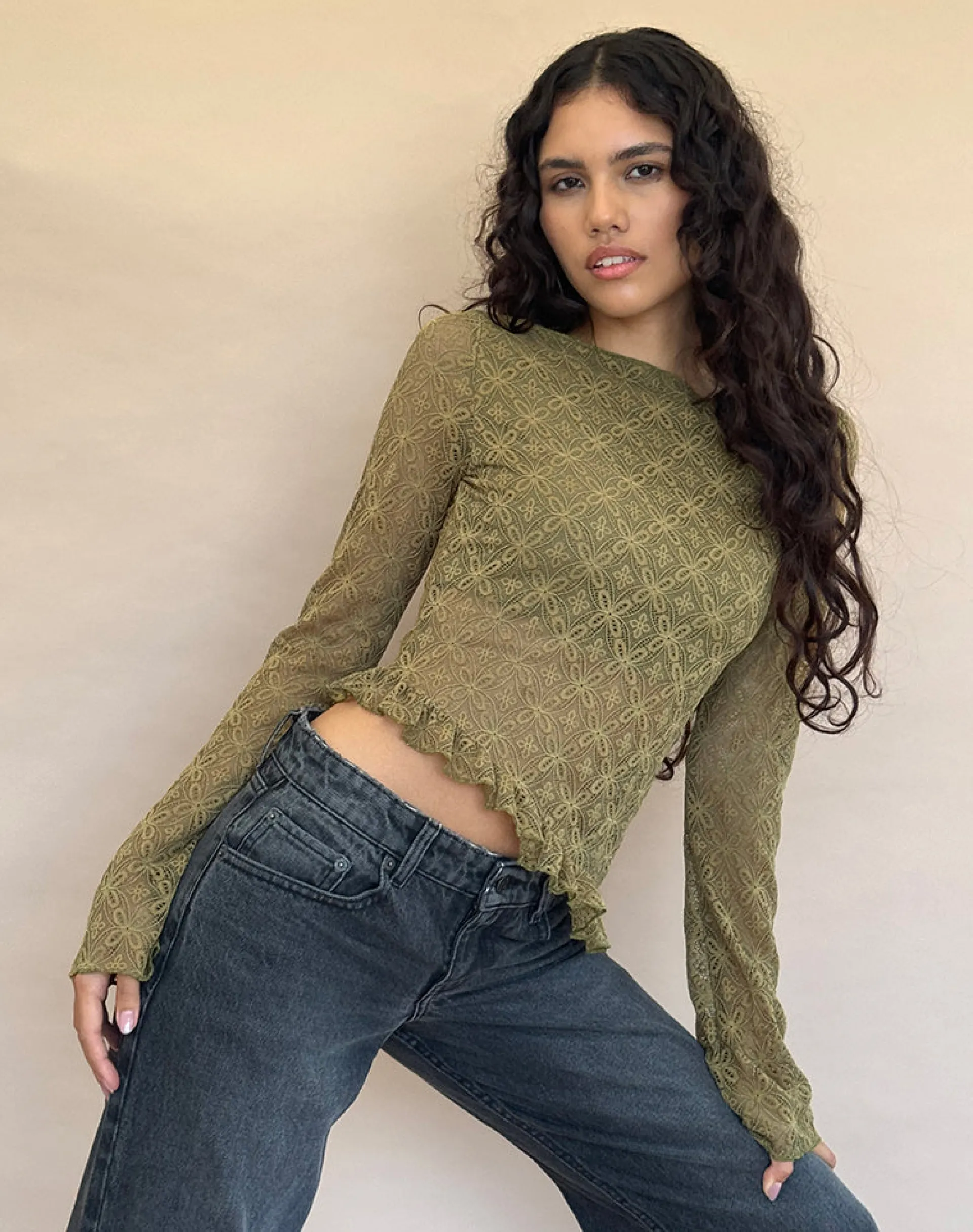 Motel Rocks Long Sleeve Tops-Allegra Long Sleeve Top in Textured Moss Green Lace