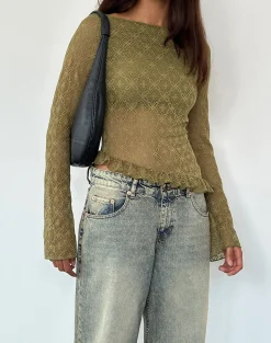 Motel Rocks Long Sleeve Tops-Allegra Long Sleeve Top in Textured Moss Green Lace