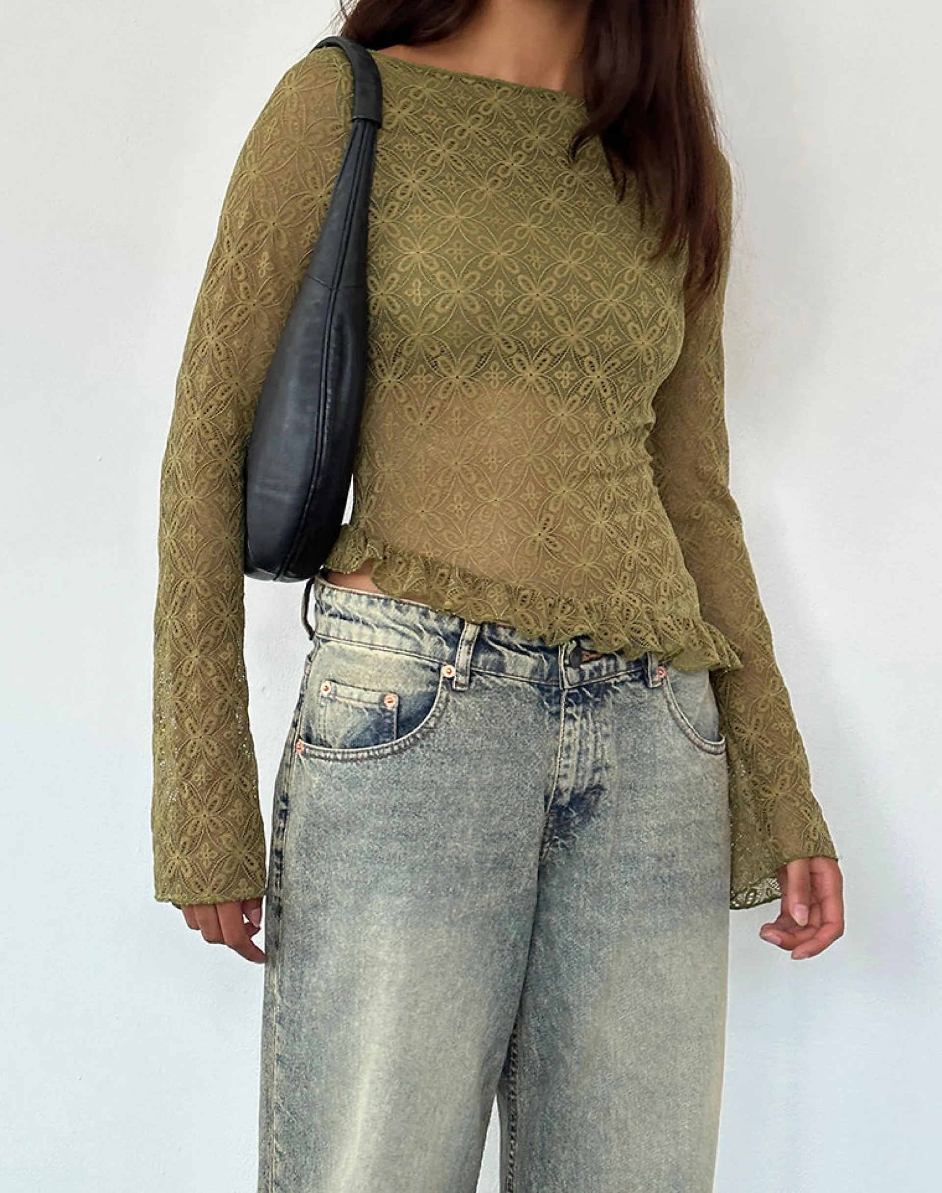 Motel Rocks Long Sleeve Tops-Allegra Long Sleeve Top in Textured Moss Green Lace