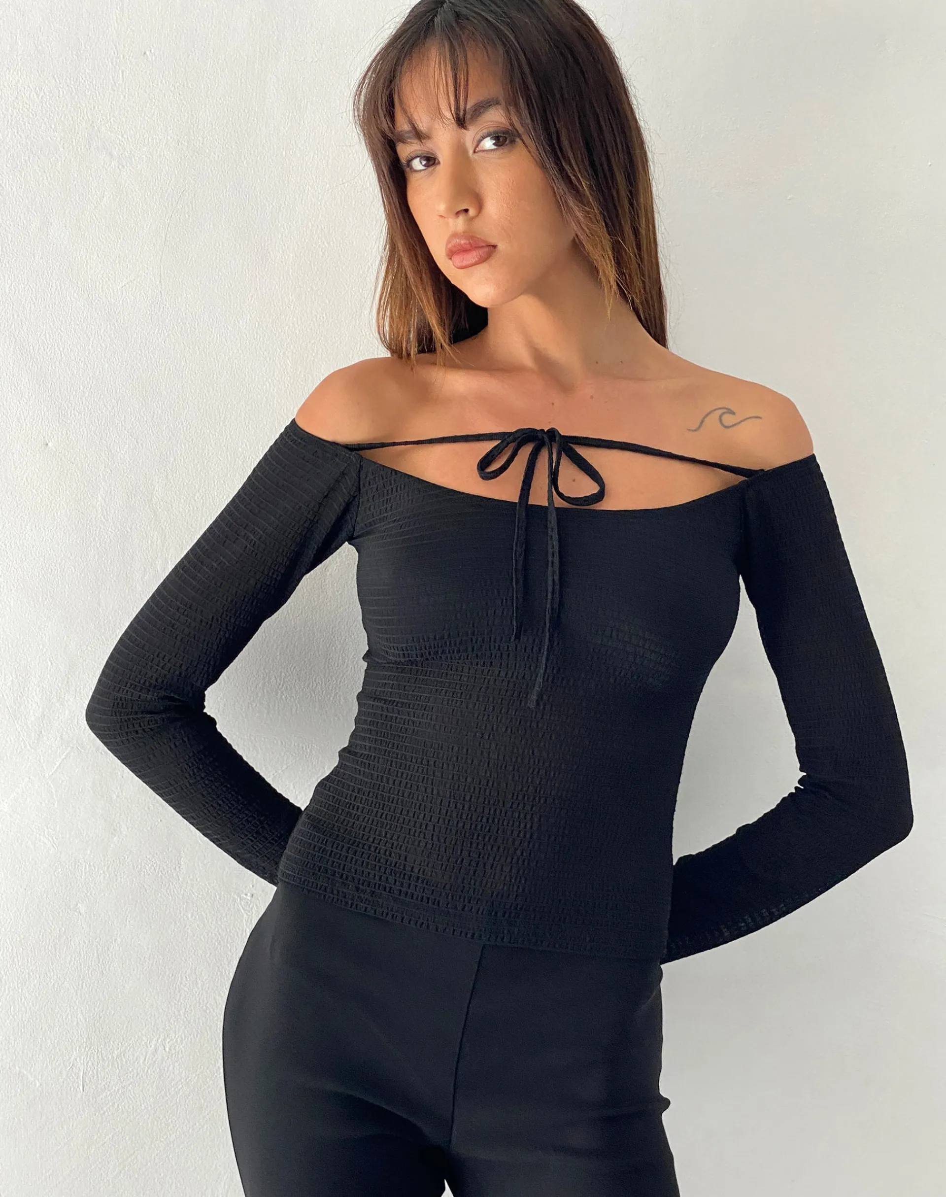 Motel Rocks Long Sleeve Tops-Alondra Long Sleeve Tie Front Top in Textured Black