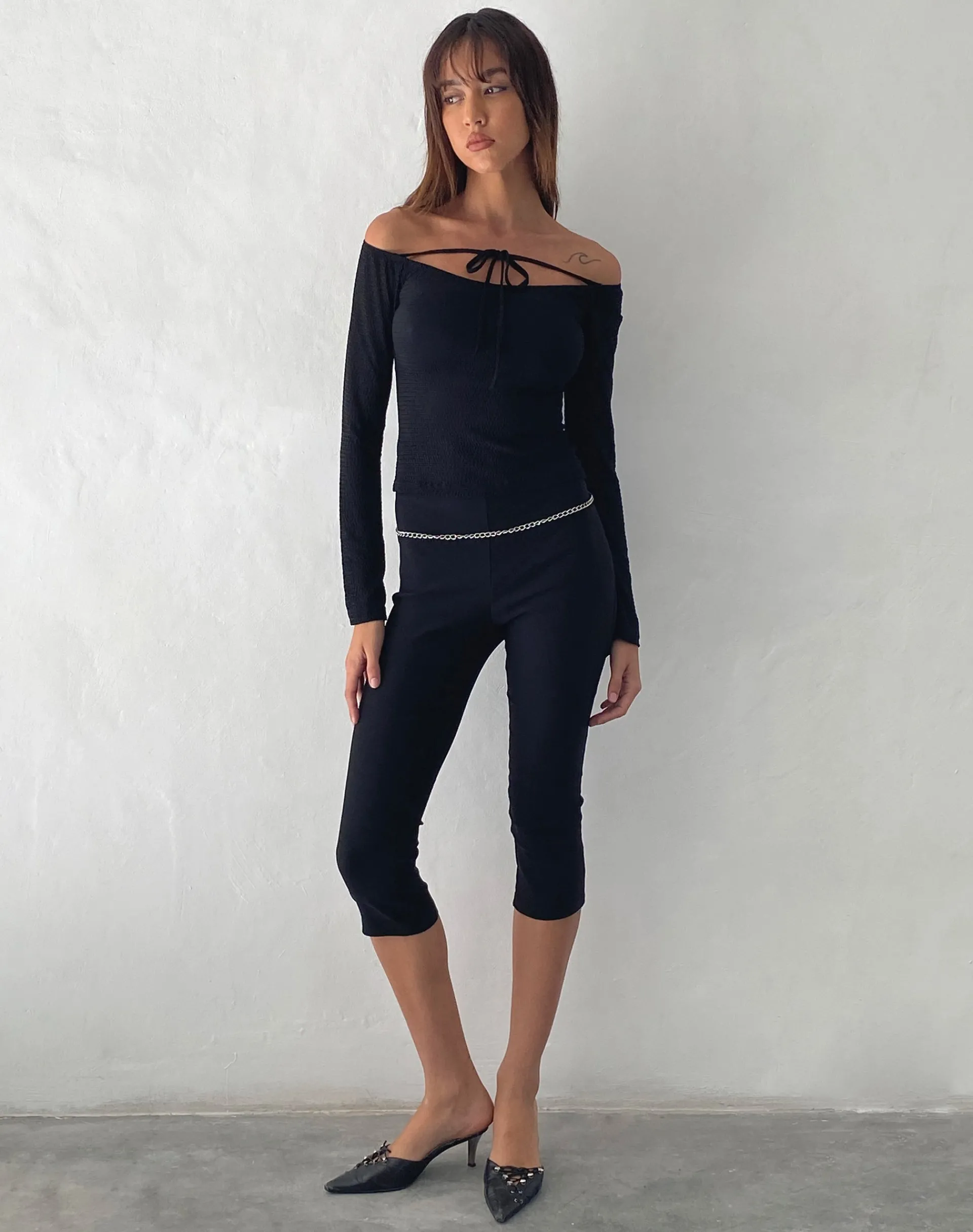 Motel Rocks Long Sleeve Tops-Alondra Long Sleeve Tie Front Top in Textured Black