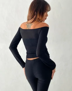 Motel Rocks Long Sleeve Tops-Alondra Long Sleeve Tie Front Top in Textured Black
