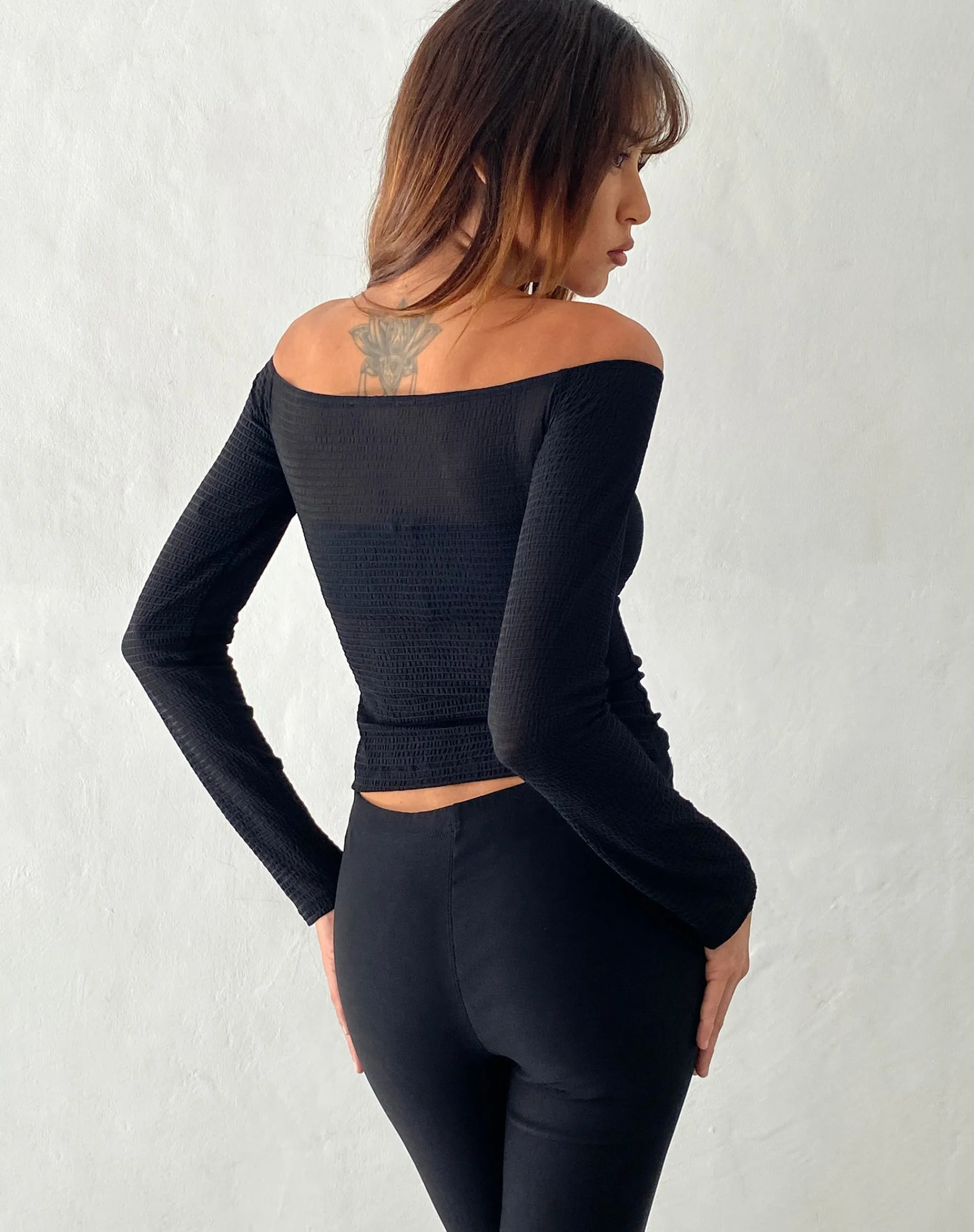 Motel Rocks Long Sleeve Tops-Alondra Long Sleeve Tie Front Top in Textured Black