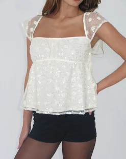 Motel Rocks Sequin Tops | Going Out Tops-Aloysia Top in Sequin Lace Ivory