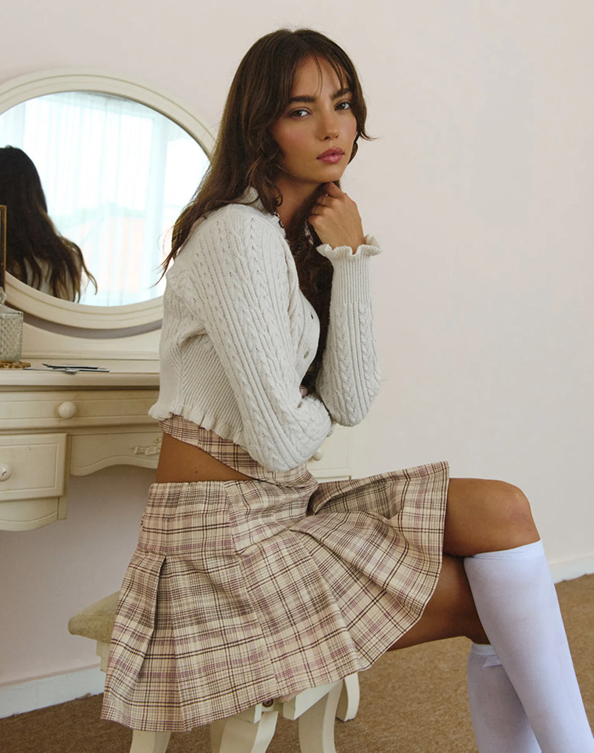Motel Rocks Co-Ords | Pleated Skirts-Alula Mini Skirt in Cream Pastel Check CreamPastelCheck