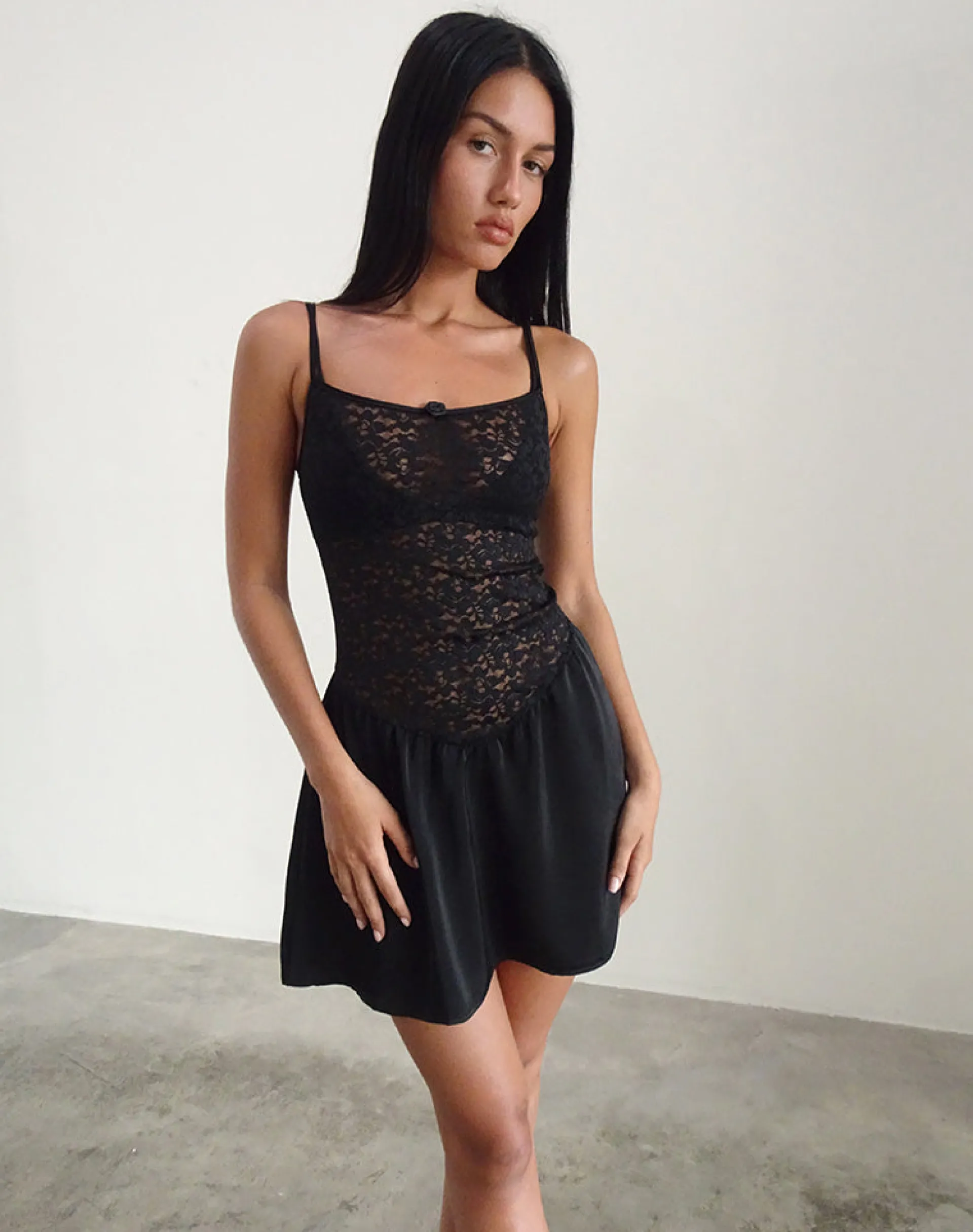 Motel Rocks Little Black Dresses | Party Dresses-Alunan Slip Dress in Satin Lace Black