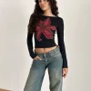 Motel Rocks Printed Tops | Long Sleeve Tops-Amabon Long Sleeve Top in Black with Burgundy Painted Flower BlackwithBurgundyPaintedFlower